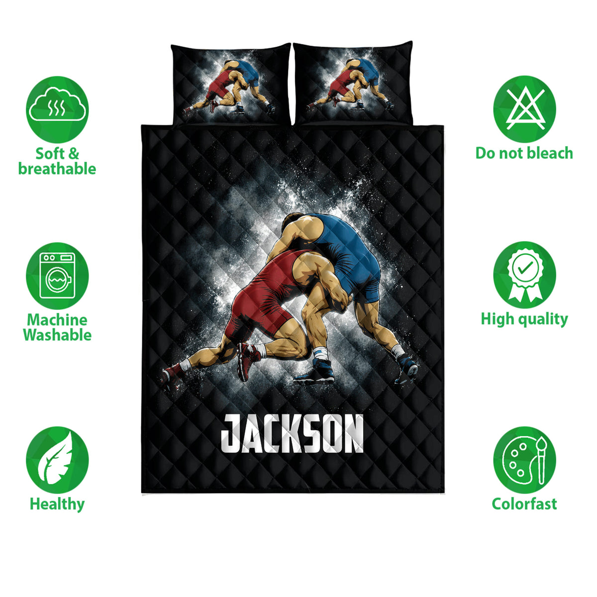 Wrestling quilt bedding set with grappling artwork, black quilt design, and product feature icons
