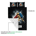 Wrestling quilt showing the printed front, white quilt backing, and stitched construction detail