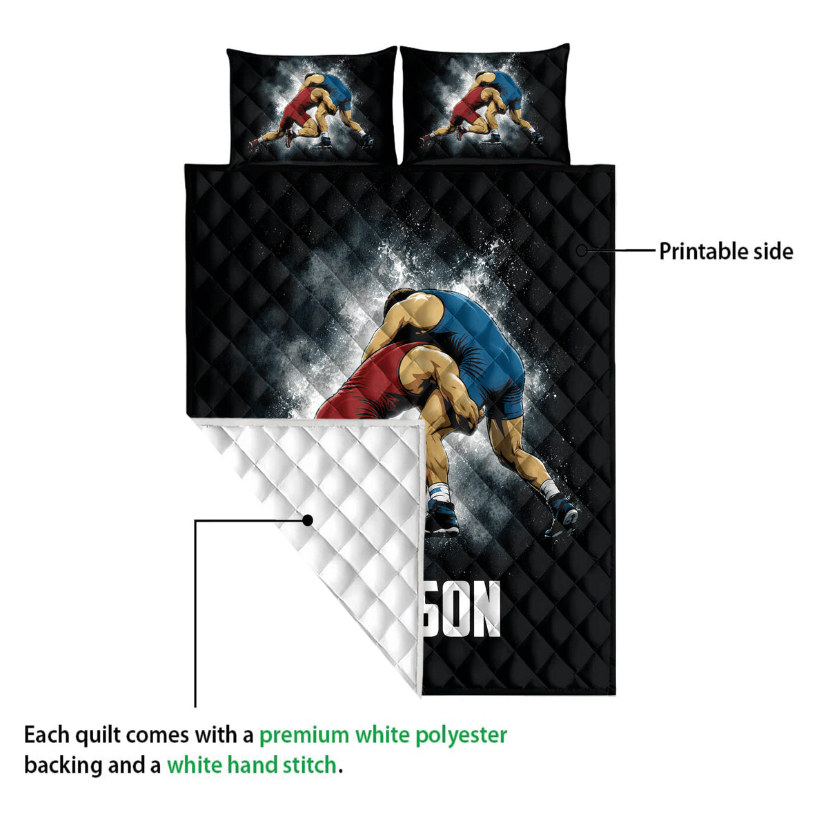Wrestling quilt showing the printed front, white quilt backing, and stitched construction detail