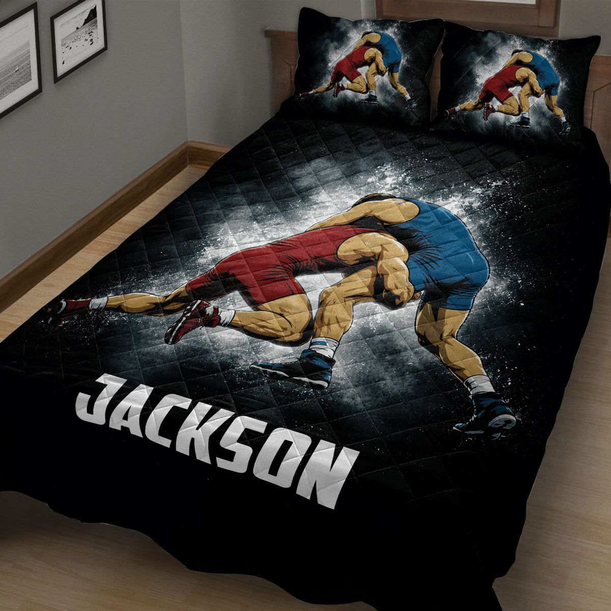 Close bedroom view of a black wrestling quilt blanket featuring two wrestlers in action