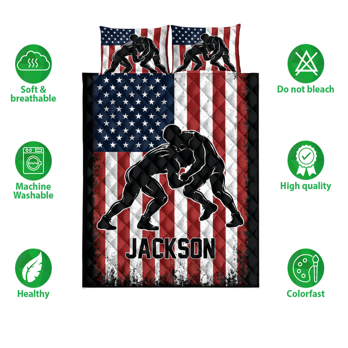 Wrestling quilt bedding set shown front-facing with bold red, white, and blue sports artwork