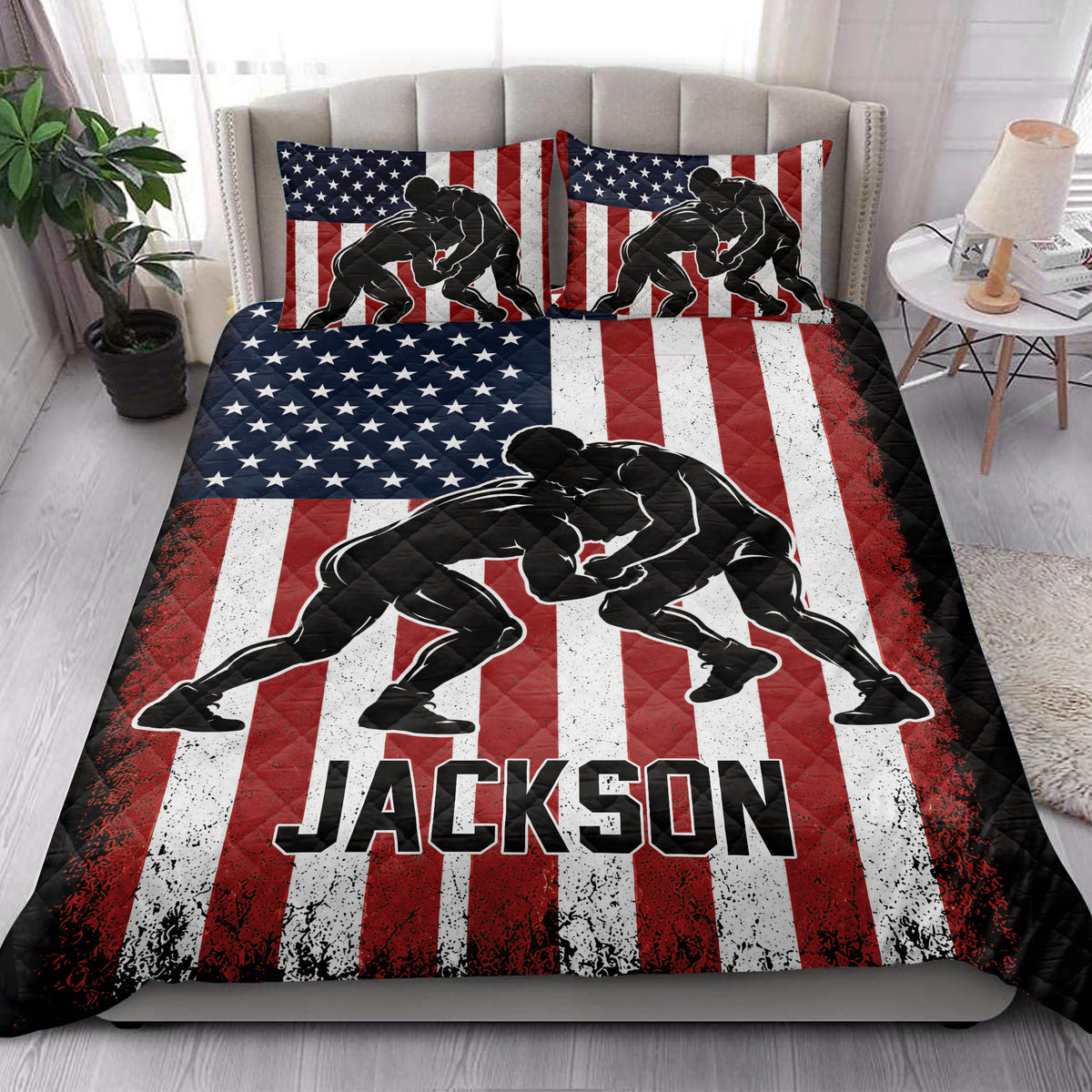 Wrestling quilt blanket styled in a bedroom with grappling wrestler artwork and flag colors