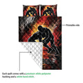 Wrestling quilt showing a printed grappling design and a close view of the white quilted backing