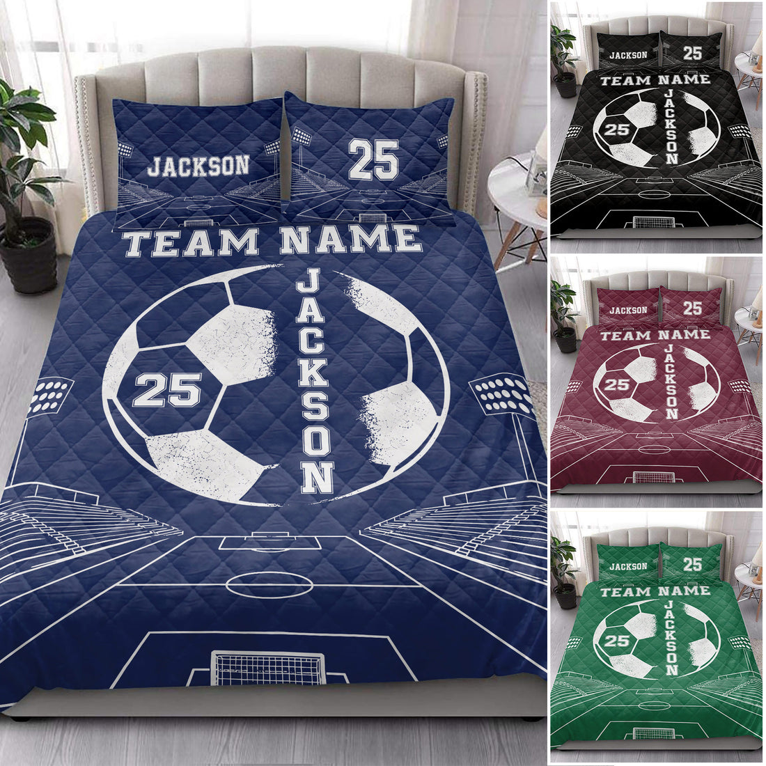 Navy soccer quilt blanket bedding set displayed on a bed with field artwork and multiple color options