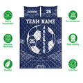 Soccer quilt bedding set shown with stadium field artwork and soft, breathable product feature icons
