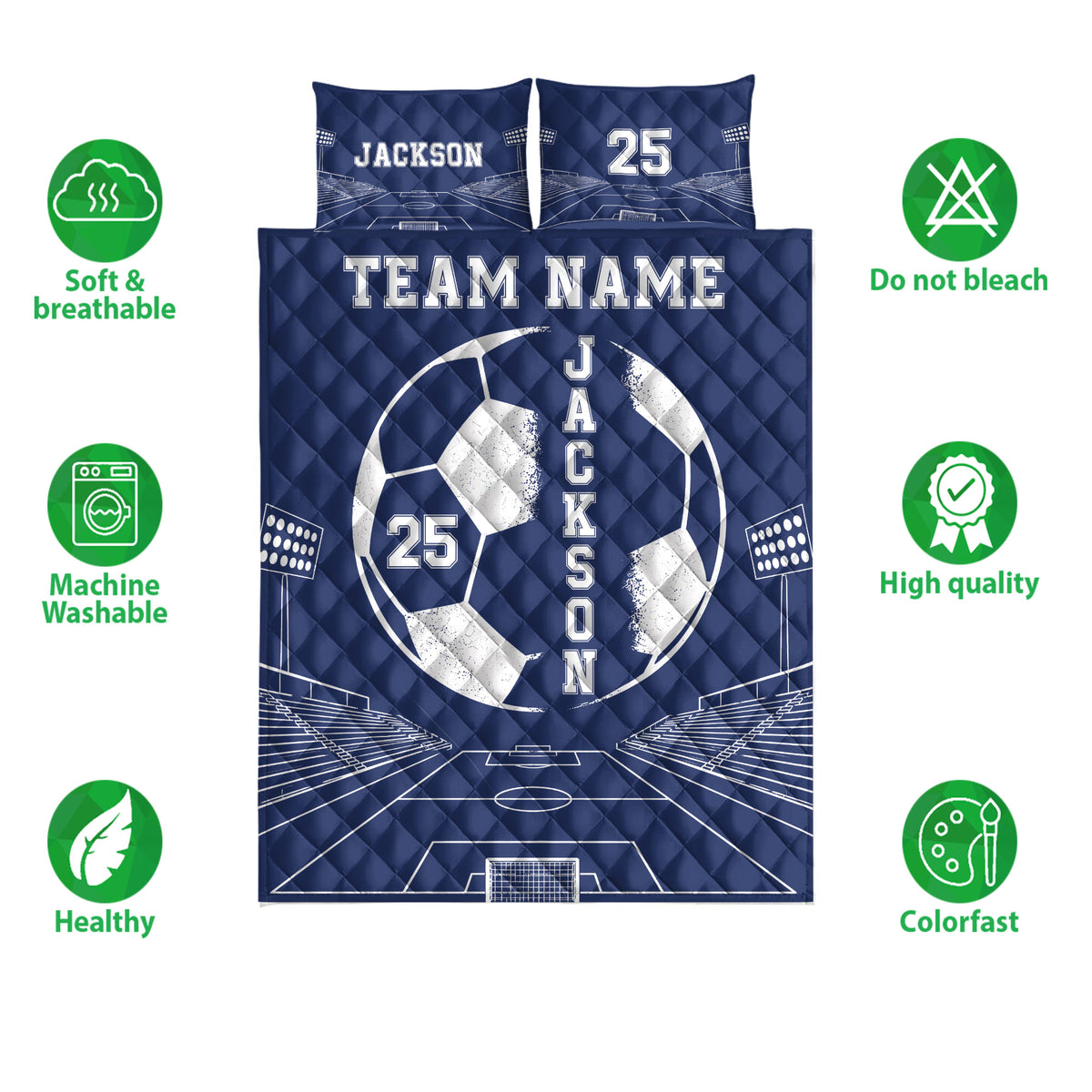 Soccer quilt bedding set shown with stadium field artwork and soft, breathable product feature icons