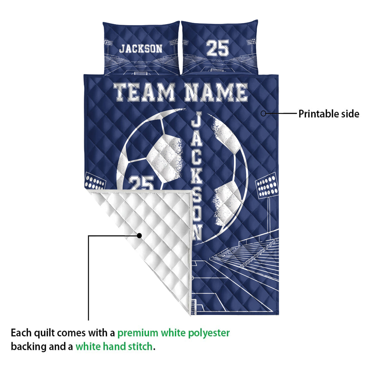 Soccer quilt blanket shown with printed front artwork and white diamond-quilted backing