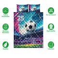Soccer quilt bedding set shown with matching ball artwork, colorful field design, and product feature icons