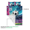 Soccer quilt blanket showing the printed front and white quilted backing in a product detail view