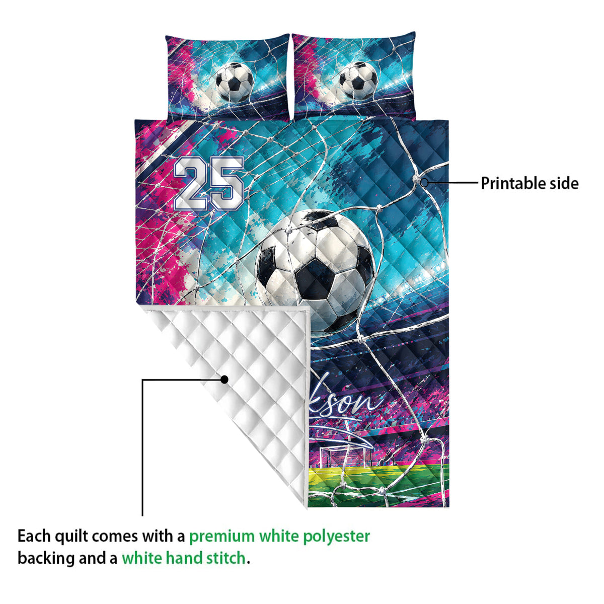 Soccer quilt blanket showing the printed front and white quilted backing in a product detail view