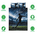 Soccer quilt bedding set with player artwork shown alongside care and quality feature icons