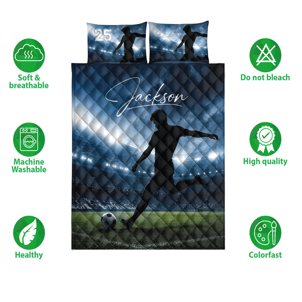 Soccer quilt bedding set with player artwork shown alongside care and quality feature icons