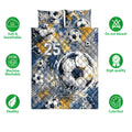 Soccer quilt bedding set shown with illustrated balls, bold blue and gold colors, and quilted texture
