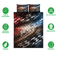 Racing quilt bedding set shown with matching design pillows and feature icons around the checkered flag artwork