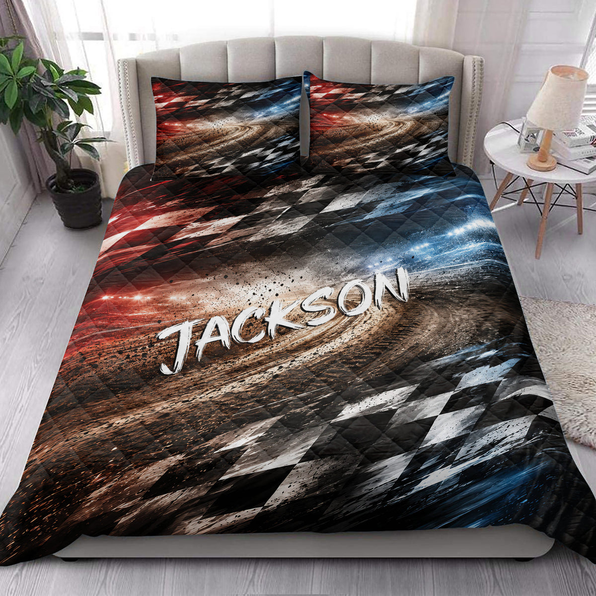 Racing quilt blanket styled in a bright bedroom with checkered flag graphics and dramatic track-inspired artwork