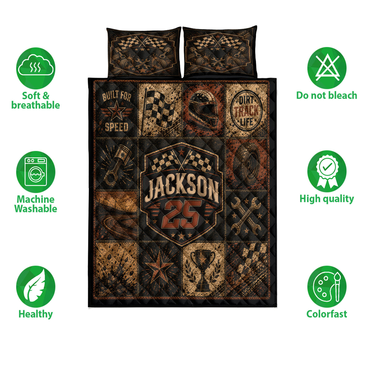 Dirt track racing quilt bedding set shown front-facing with checkered flags, racing graphics and feature icons