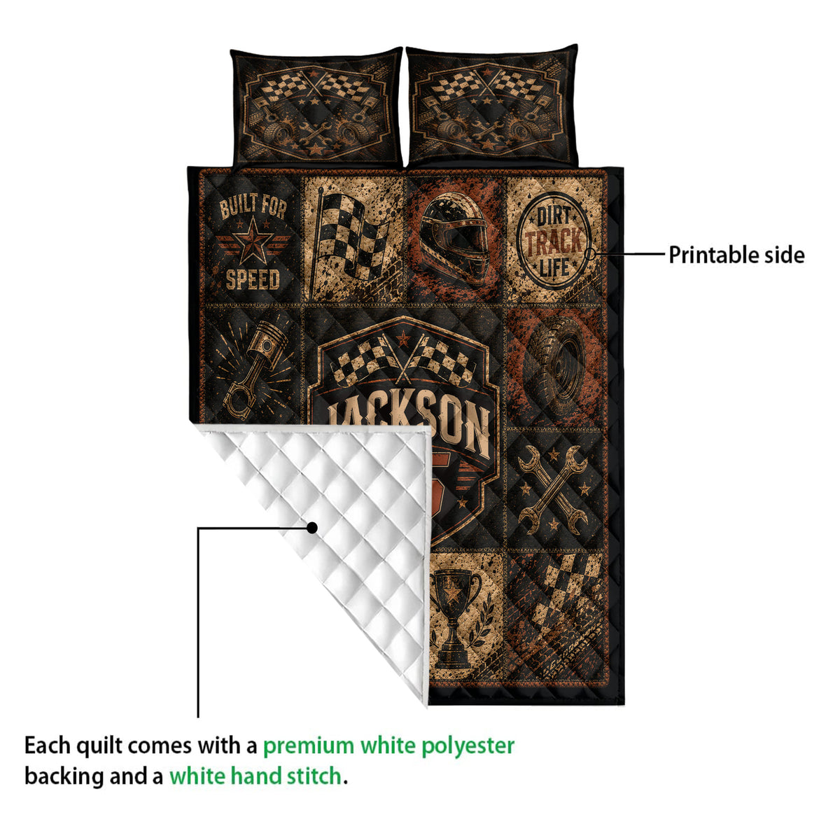 Dirt track racing quilt showing the printed side, quilted stitching and white backing detail