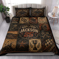 Dirt track racing quilt blanket styled in a bright bedroom with checkered flags, racing graphics and motorsport artwork