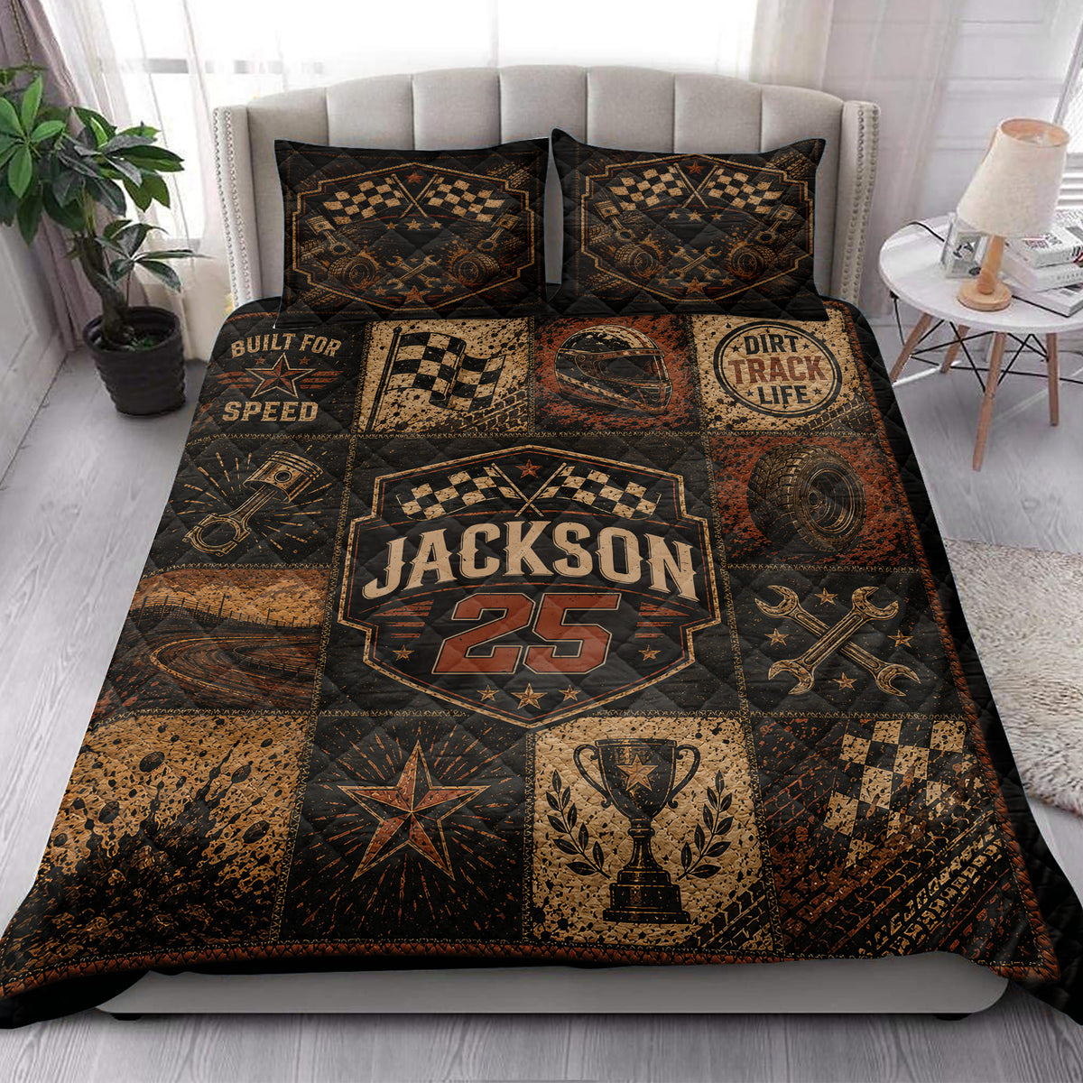 Dirt track racing quilt blanket styled in a bright bedroom with checkered flags, racing graphics and motorsport artwork