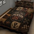 Close-up dirt track racing quilt blanket with vintage checkered flags, racing helmet, tires, pistons and trophy artwork