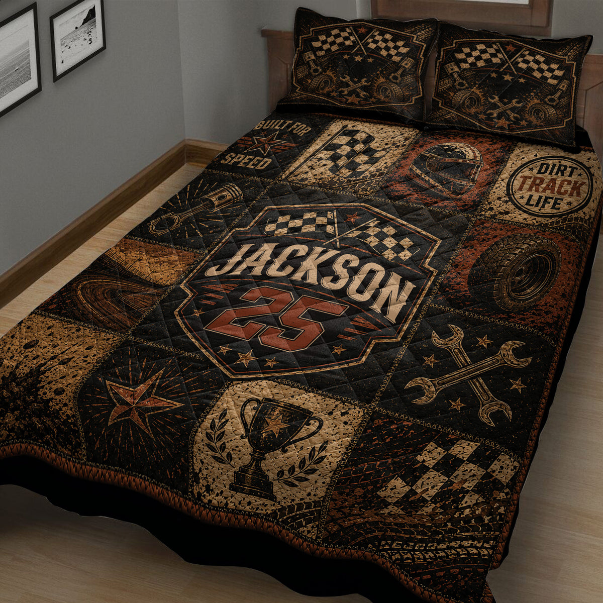 Close-up dirt track racing quilt blanket with vintage checkered flags, racing helmet, tires, pistons and trophy artwork