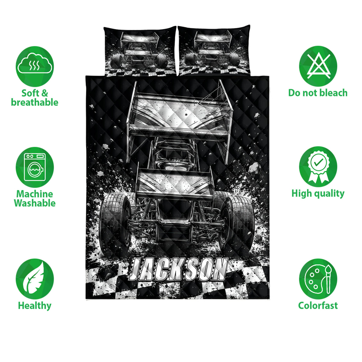Dirt track racing quilt bedding set displayed with sprint car artwork and a bold black and white checkered design