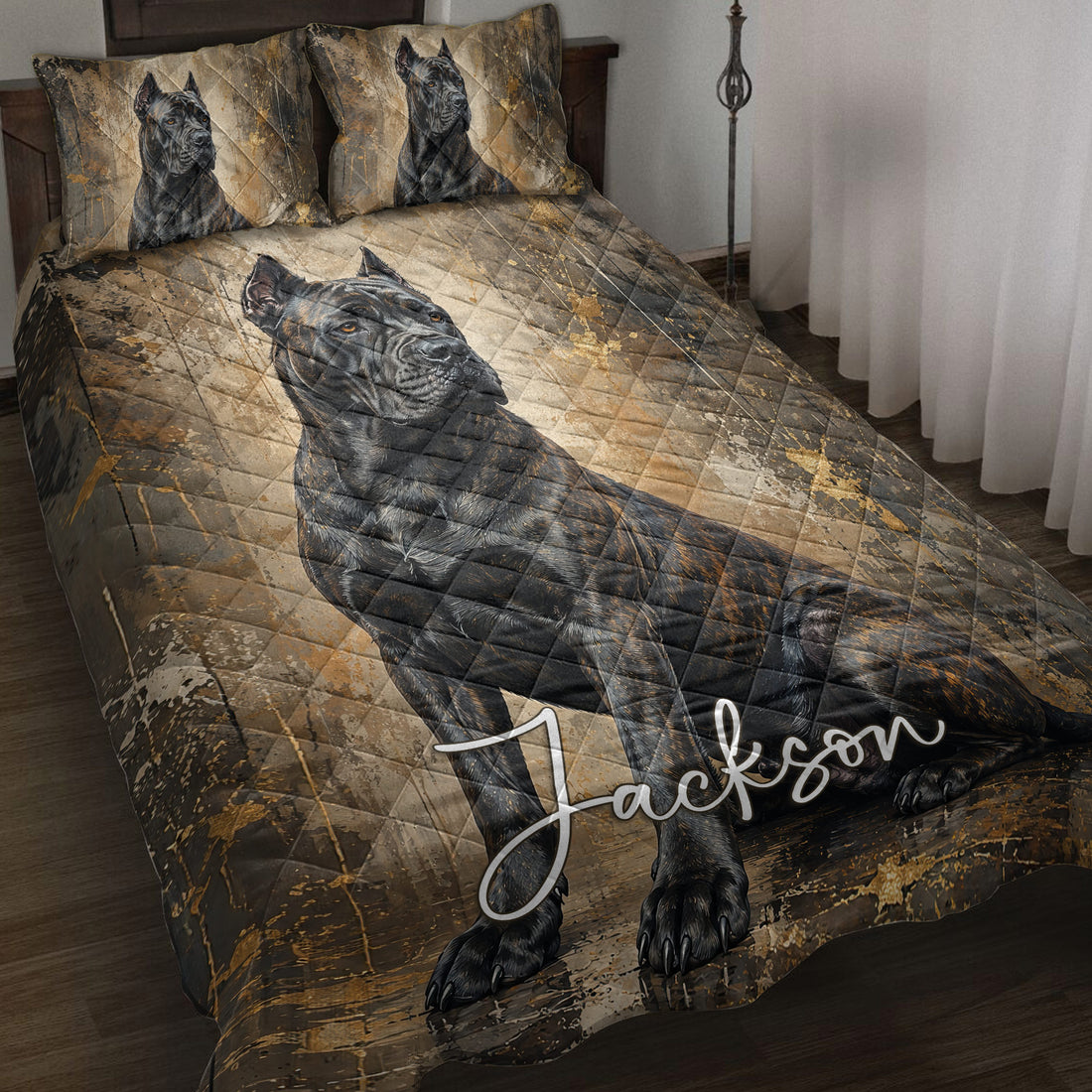 Cane Corso quilt blanket displayed on a bed with large dog artwork in black, bronze, and tan tones