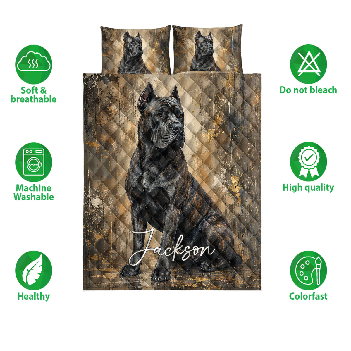 Cane Corso quilt bedding set with dog artwork shown alongside softness, washability, and colorfastness icons