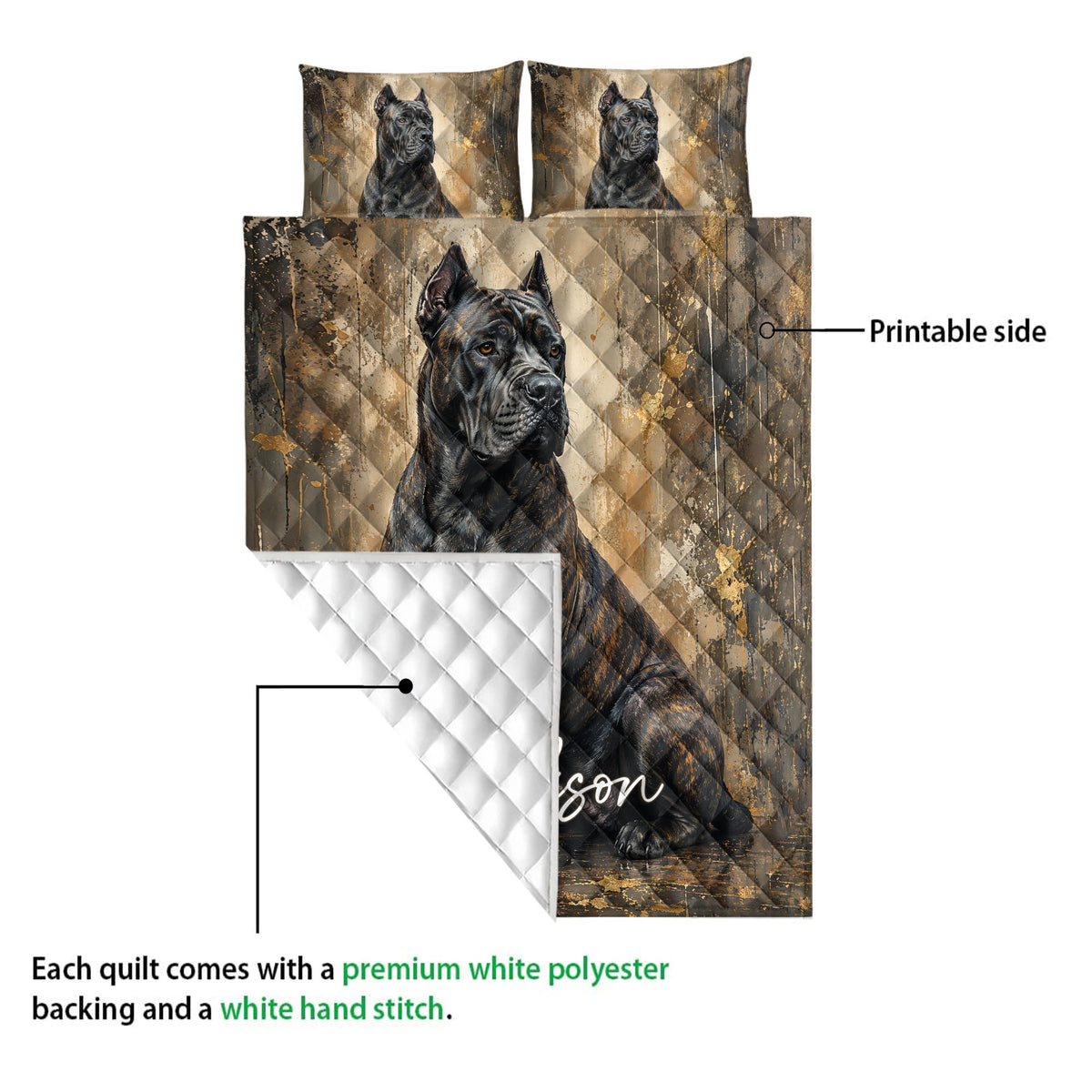 Cane Corso quilt showing the printed front artwork and white diamond-quilted backing