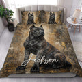 Cane Corso quilt blanket styled in a bright bedroom with large dog artwork across the bed