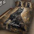 Cane Corso quilt bedding set in a bedroom with a bold black and bronze dog portrait design
