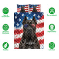 Cane Corso quilt bedding set shown with patriotic dog artwork and product feature icons
