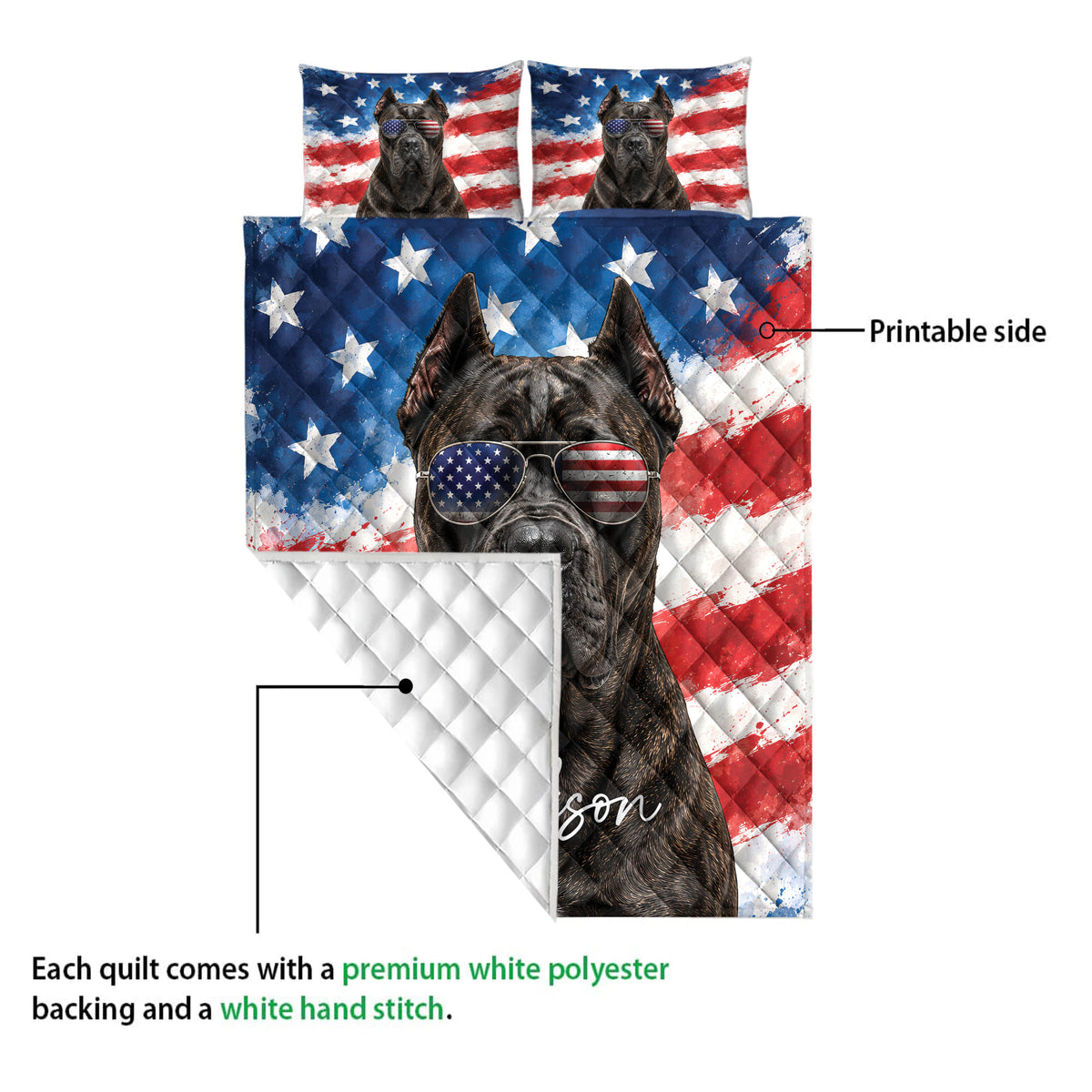 Cane Corso quilt blanket showing the printed front, white quilted backing, and patriotic dog design