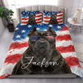 Cane Corso quilt bedding styled in a bright bedroom with American flag colors and bold dog artwork