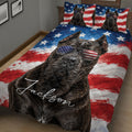 Close bedroom view of a Cane Corso quilt blanket with stars, stripes, and sunglasses artwork