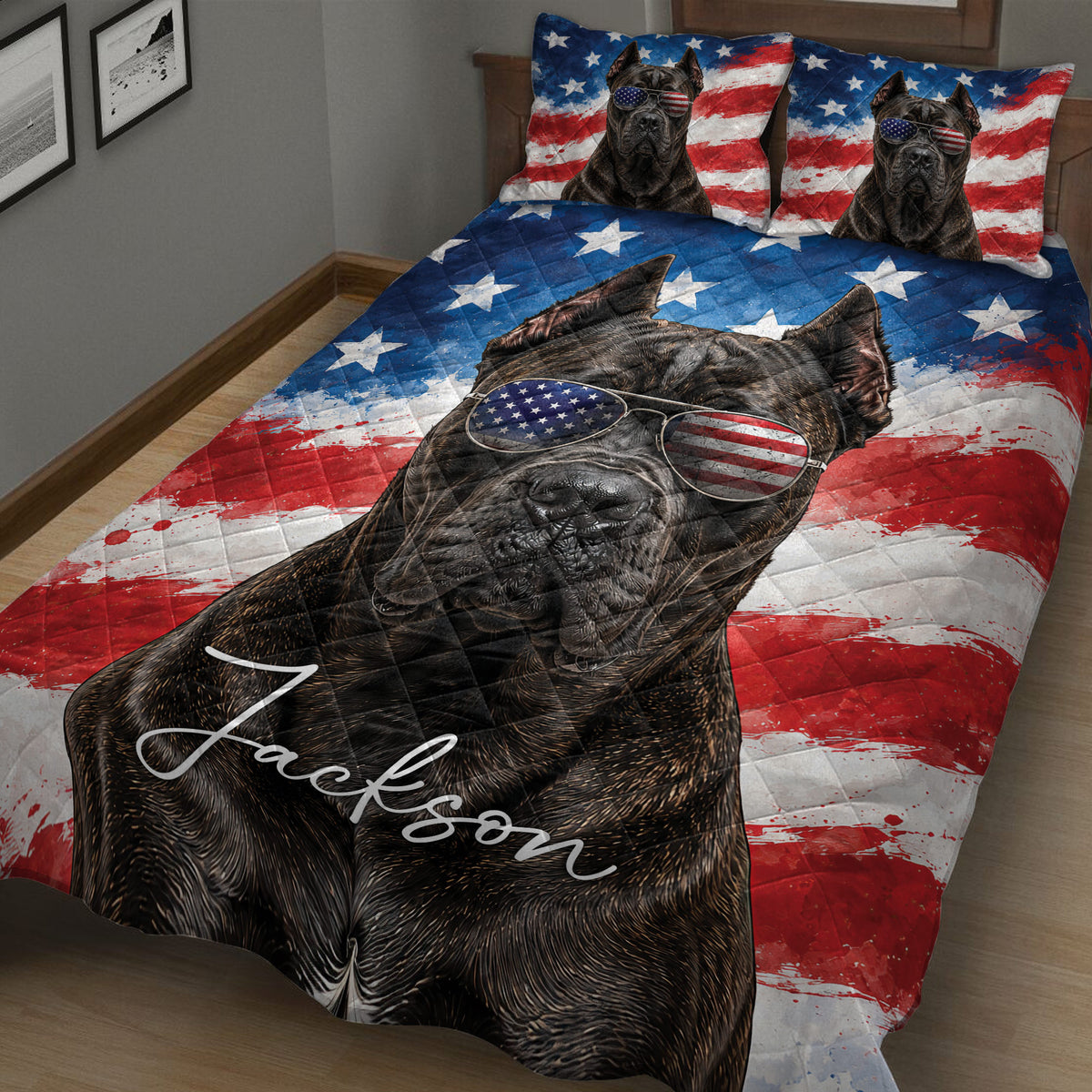 Close bedroom view of a Cane Corso quilt blanket with stars, stripes, and sunglasses artwork