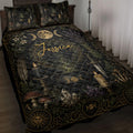 Wiccan quilt blanket on a bed with moon phases, crystals, candles, herbs, and mystical black and gold artwork