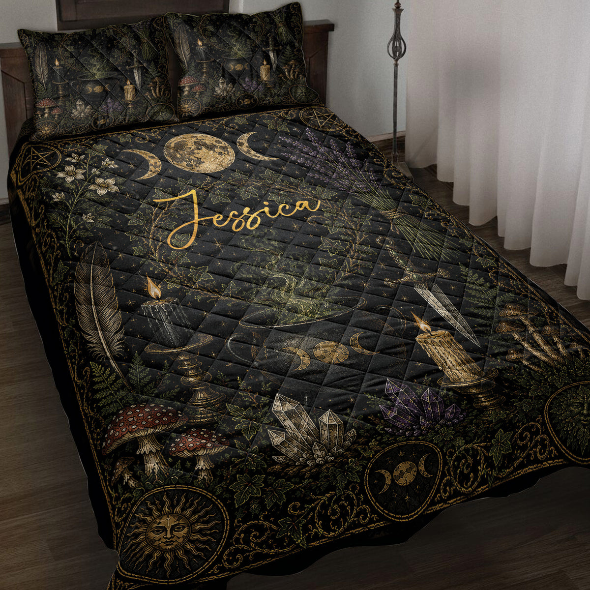 Wiccan quilt blanket on a bed with moon phases, crystals, candles, herbs, and mystical black and gold artwork