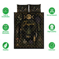 Wiccan quilt bedding set displayed with moon phases, candles, crystals, mushrooms, and mystical occult artwork
