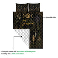 Wiccan quilt blanket showing a printed front and quilted reverse with moon, candle, crystal, and herb motifs