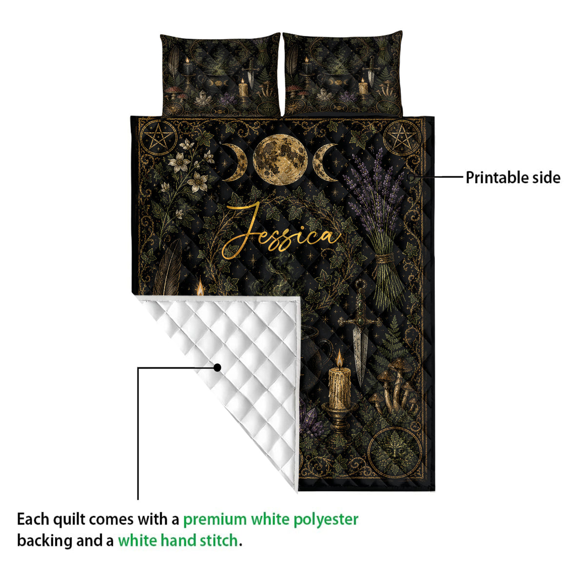 Wiccan quilt blanket showing a printed front and quilted reverse with moon, candle, crystal, and herb motifs