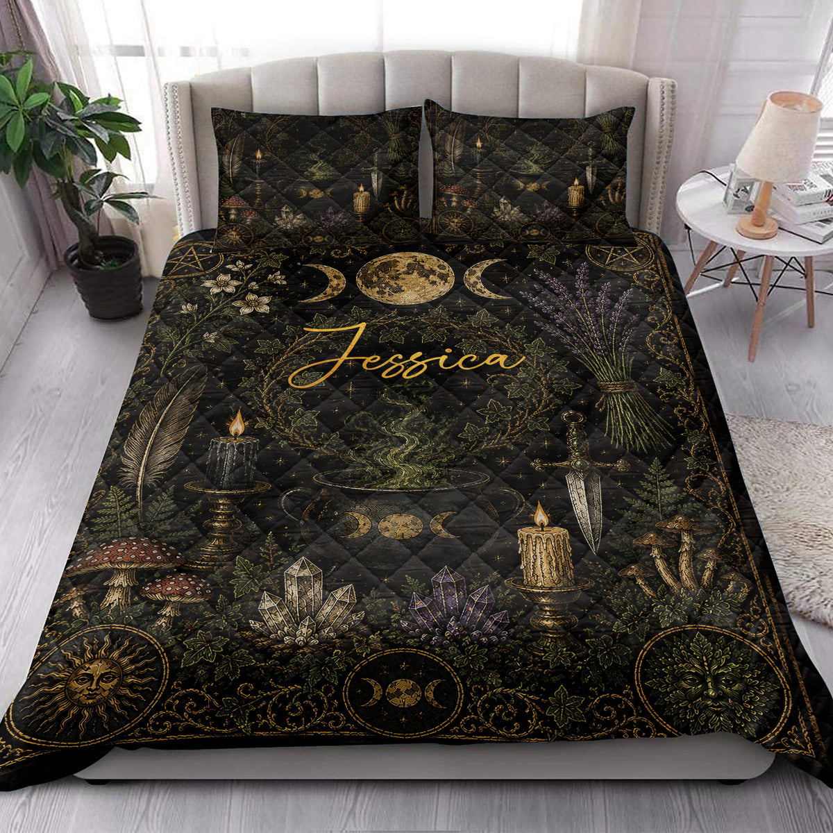 Wiccan quilt blanket styled in a bright bedroom with moon phases, crystals, candles, herbs, and mystical artwork