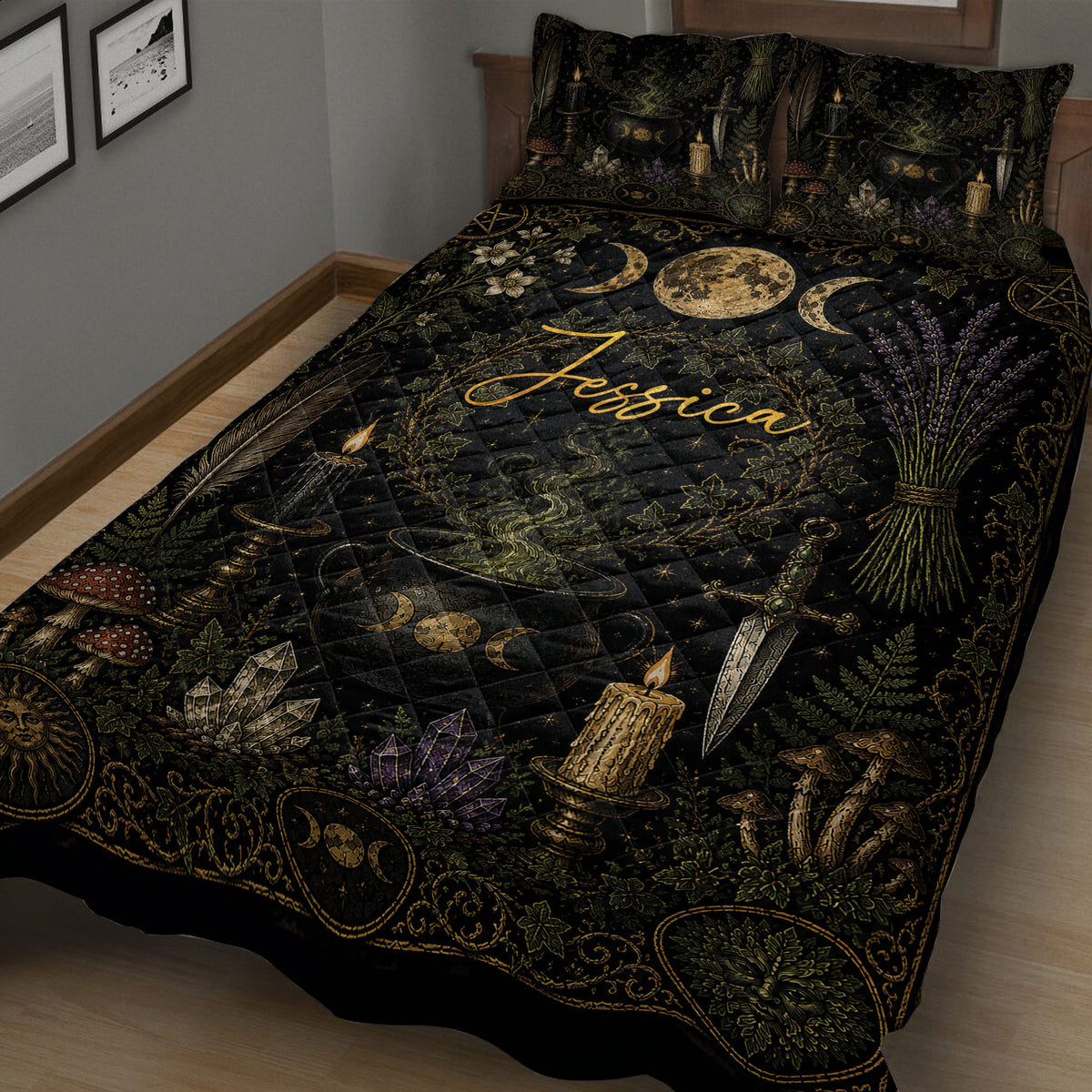 Close bedroom view of a Wiccan quilt blanket with golden moon phases, crystals, candles, herbs, and witchcraft symbols