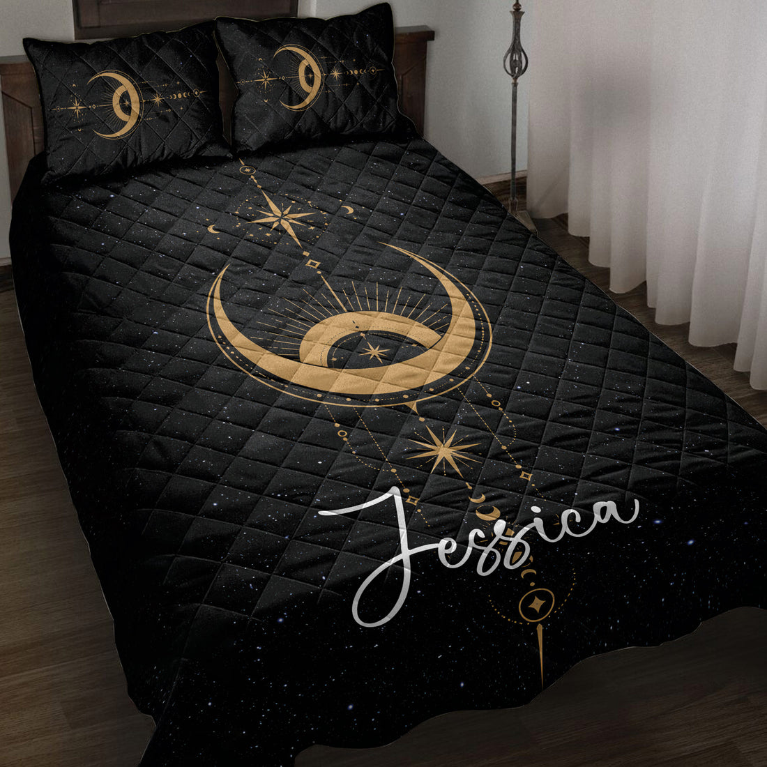 Wicca quilt blanket displayed on a bed with black starry artwork, golden moon symbols, and celestial details