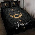 Wicca quilt blanket displayed on a bed with black starry artwork, golden moon symbols, and celestial details