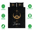 Wicca quilt bedding set with black and gold moon phase artwork shown alongside product feature icons