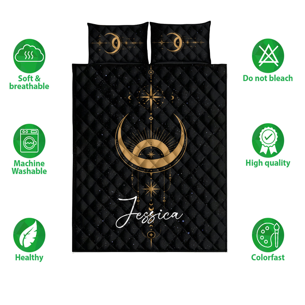 Wicca quilt bedding set with black and gold moon phase artwork shown alongside product feature icons