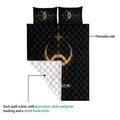 Wicca quilt showing a starry printable front, celestial moon artwork, and white quilted backing