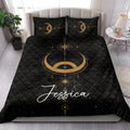 Wicca quilt bedding styled in a bright bedroom with golden crescent moons, stars, and mystical celestial artwork