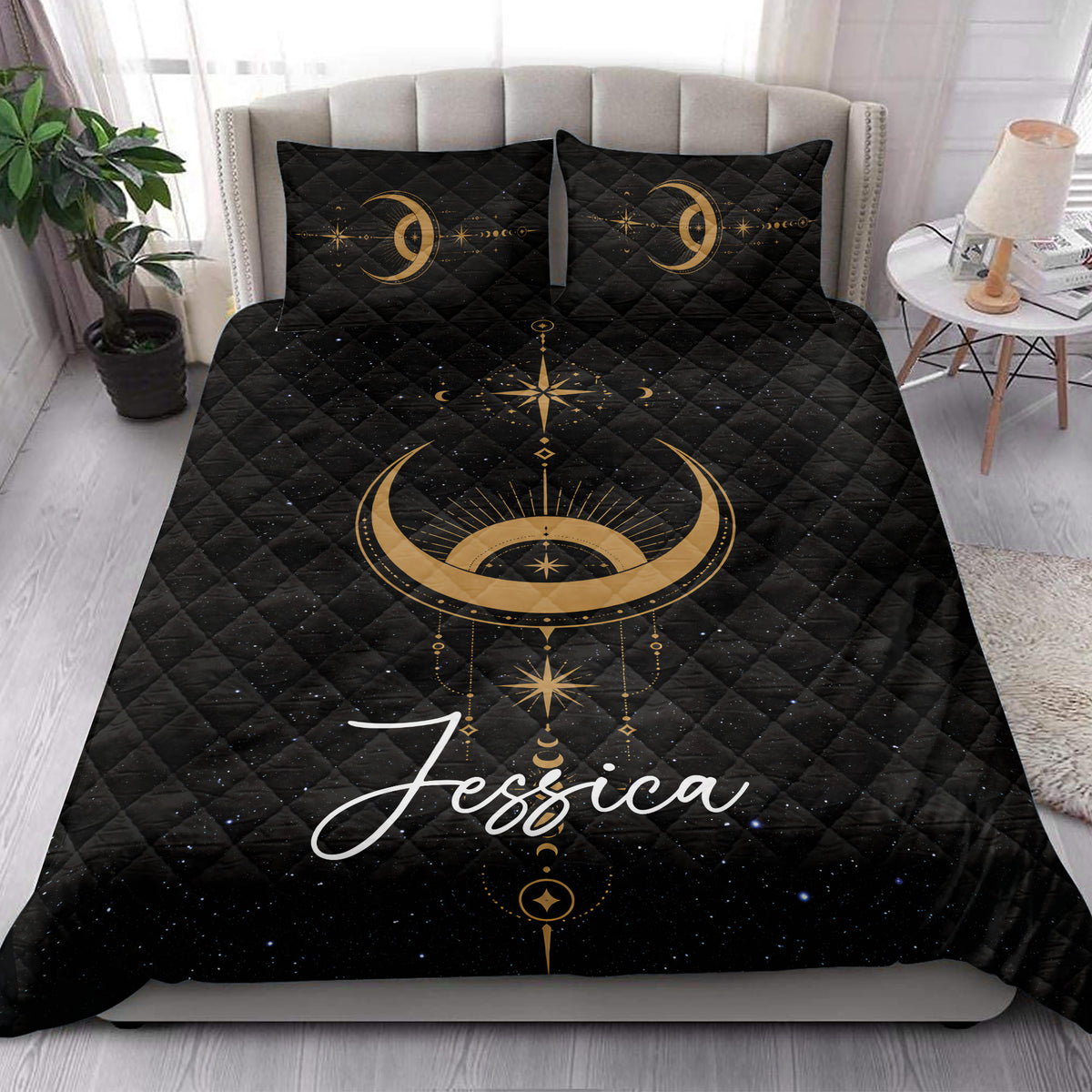 Wicca quilt bedding styled in a bright bedroom with golden crescent moons, stars, and mystical celestial artwork
